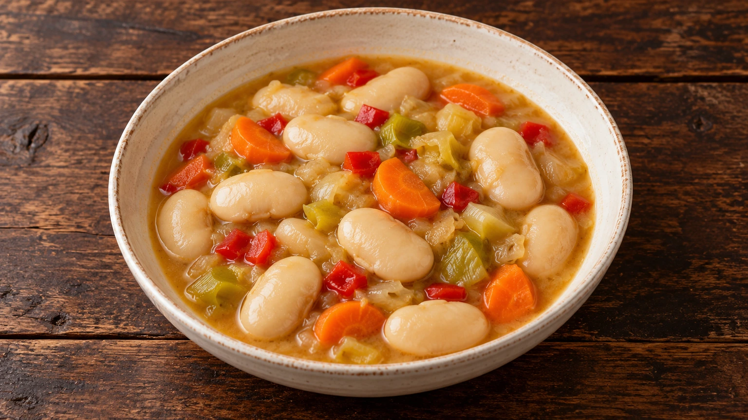 Judiones blancos grandes con zanahoria, puerro y pimiento rojo en caldo ligeramente ligado.