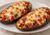 Berenjenas rellenas de verduras Dos mitades de berenjena rellenas de pimiento, calabacín y tomate, con queso gratinado en un plato blanco.