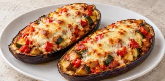 Dos mitades de berenjena rellenas de pimiento, calabacín y tomate, con queso gratinado en un plato blanco.