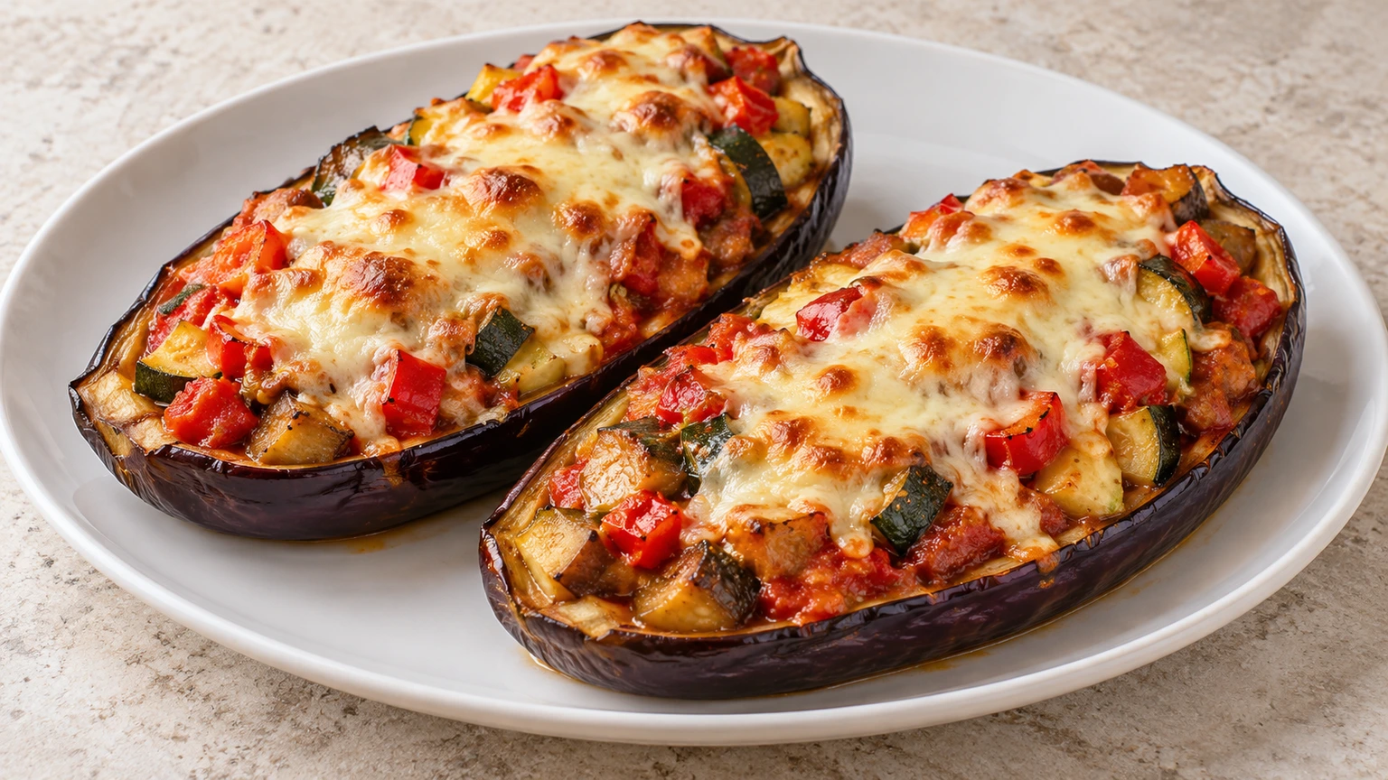 Dos mitades de berenjena rellenas de pimiento, calabacín y tomate, con queso gratinado en un plato blanco.