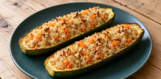 Dos mitades de calabacín rellenas de quinoa, zanahoria y nueces sobre un plato azul verdoso.