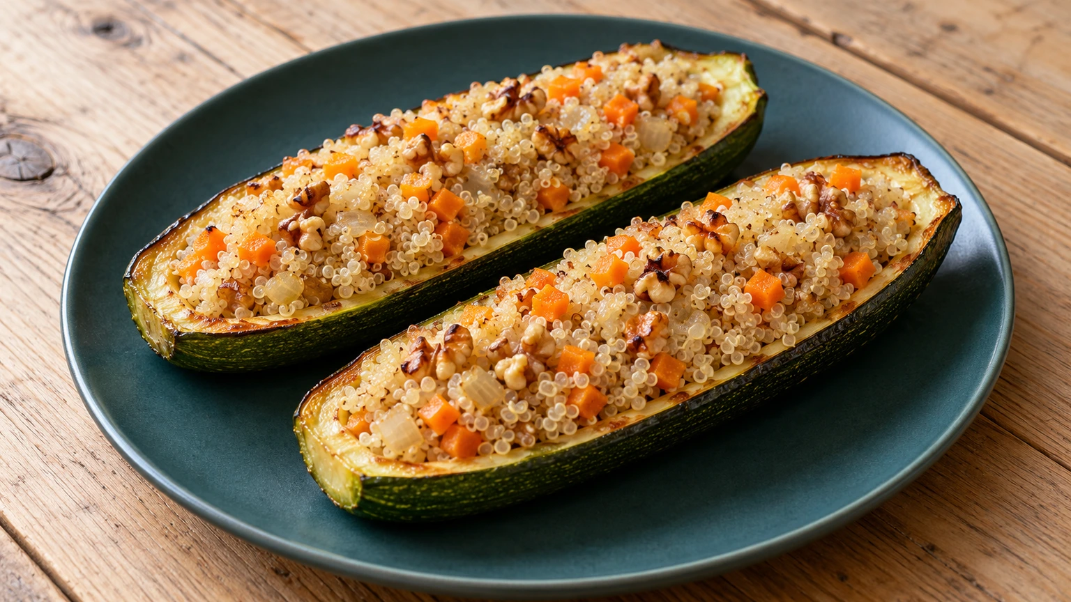 Dos mitades de calabacín rellenas de quinoa, zanahoria y nueces sobre un plato azul verdoso.
