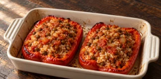 Dos mitades de pimiento rojo asado rellenas de arroz, lentejas y tomate en una fuente de cerámica.