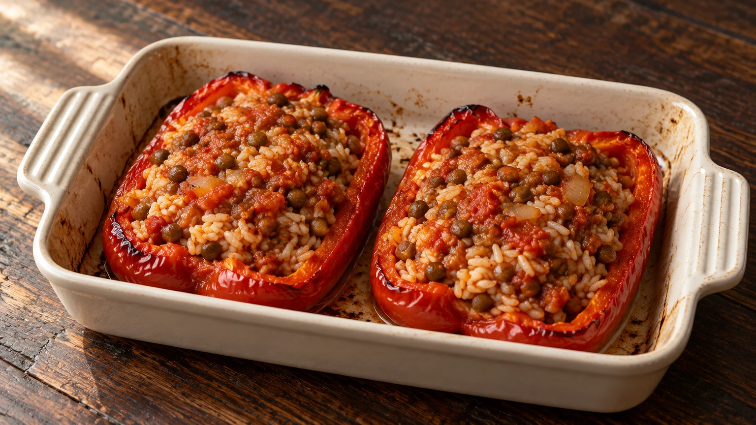 Dos mitades de pimiento rojo asado rellenas de arroz, lentejas y tomate en una fuente de cerámica.