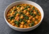 Curry de garbanzos y espinacas Cuenco de garbanzos y espinacas en salsa anaranjada de tomate, curry y leche de coco.