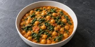 Cuenco de garbanzos y espinacas en salsa anaranjada de tomate, curry y leche de coco.