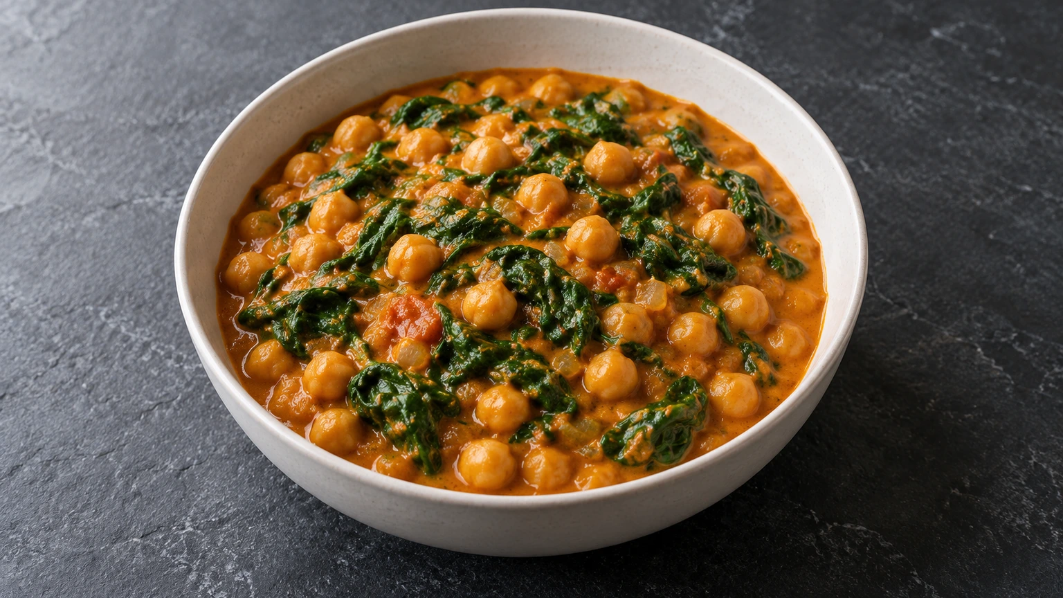 Cuenco de garbanzos y espinacas en salsa anaranjada de tomate, curry y leche de coco.
