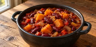 Cazuela de alubias rojas y dados de calabaza con pimiento y salsa espesa de tomate.