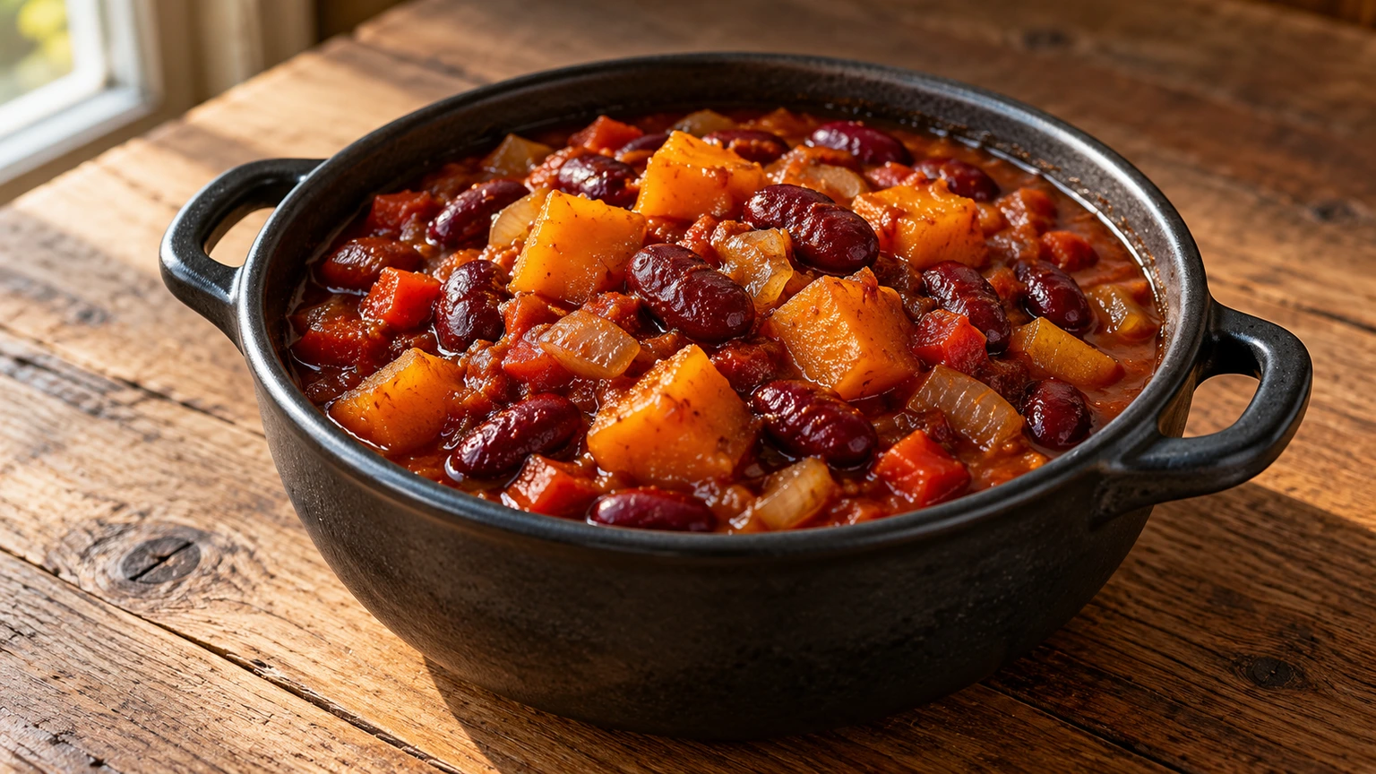 Cazuela de alubias rojas y dados de calabaza con pimiento y salsa espesa de tomate.