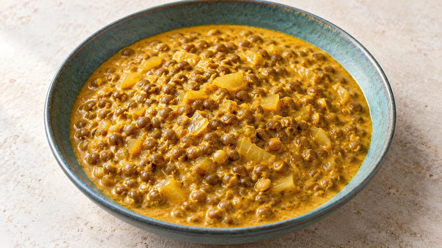 Lentejas enteras con cebolla en una salsa dorada de curry y leche de coco, servidas en un cuenco.