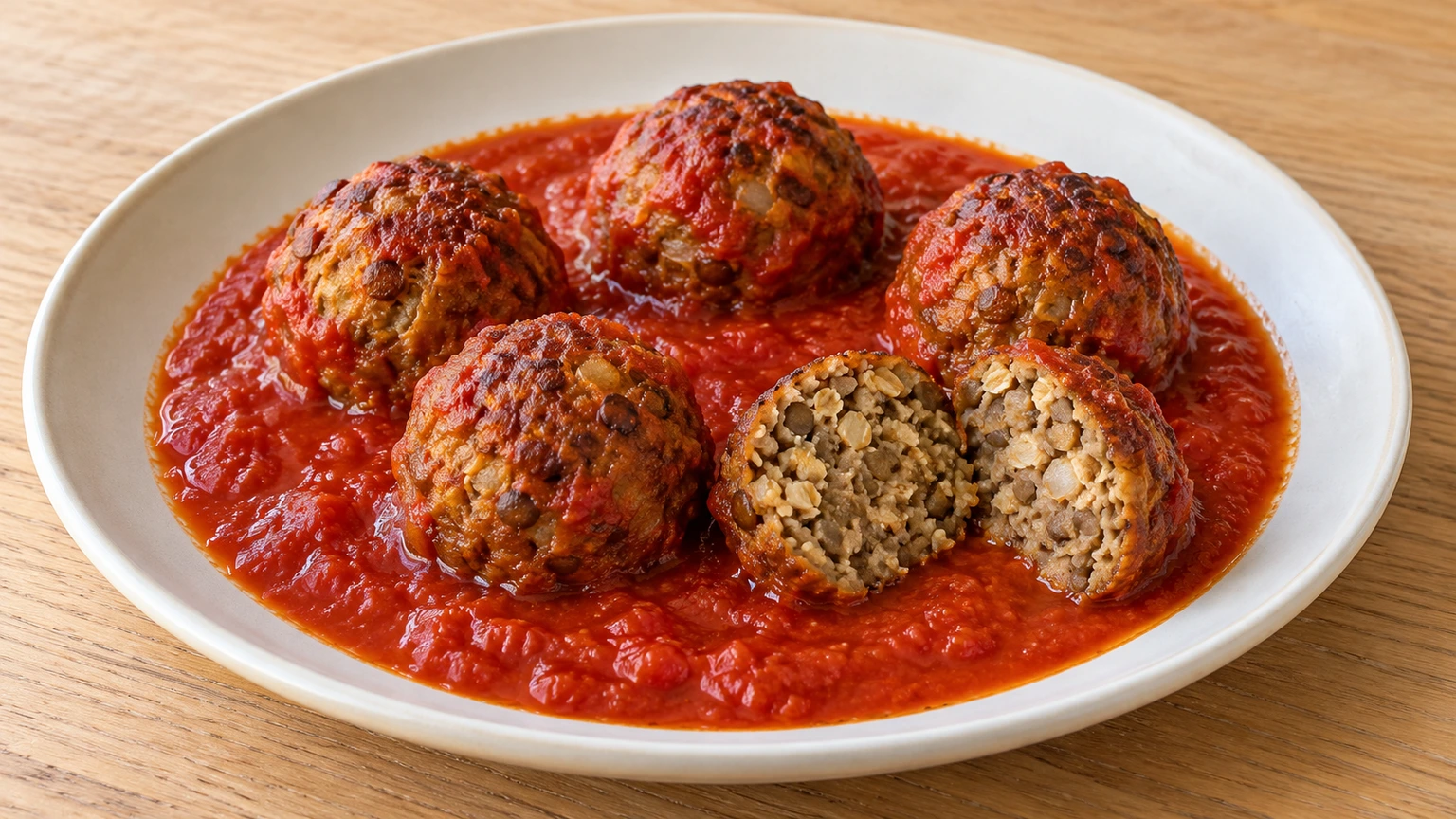 Cinco albóndigas de lentejas y avena con salsa de tomate, una abierta para mostrar el interior.