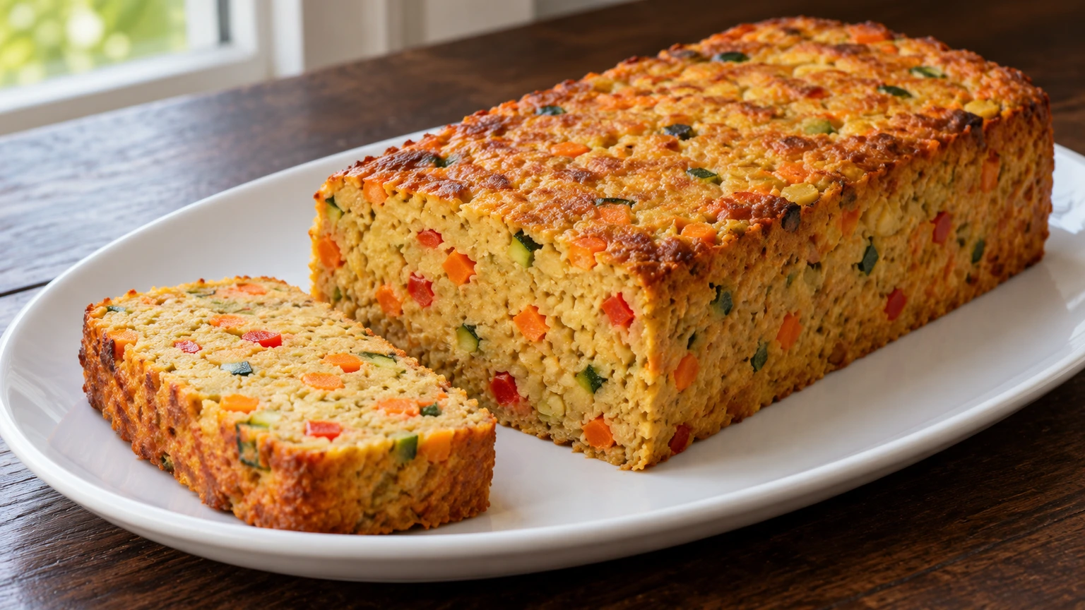 Pastel rectangular de garbanzos y verduras con una loncha cortada que muestra zanahoria, pimiento y calabacín.