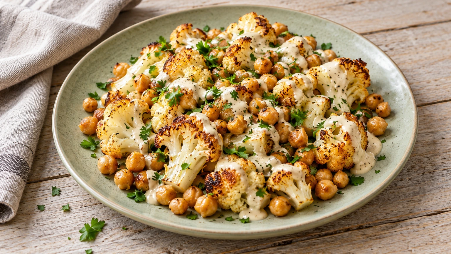 Coliflor asada y garbanzos dorados con salsa cremosa de tahini y perejil picado.