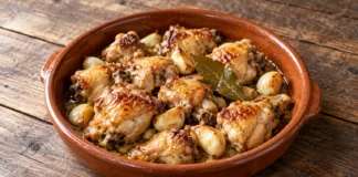 Pollo al ajillo Trozos de pollo dorado con dientes de ajo y laurel en una cazuela de barro.