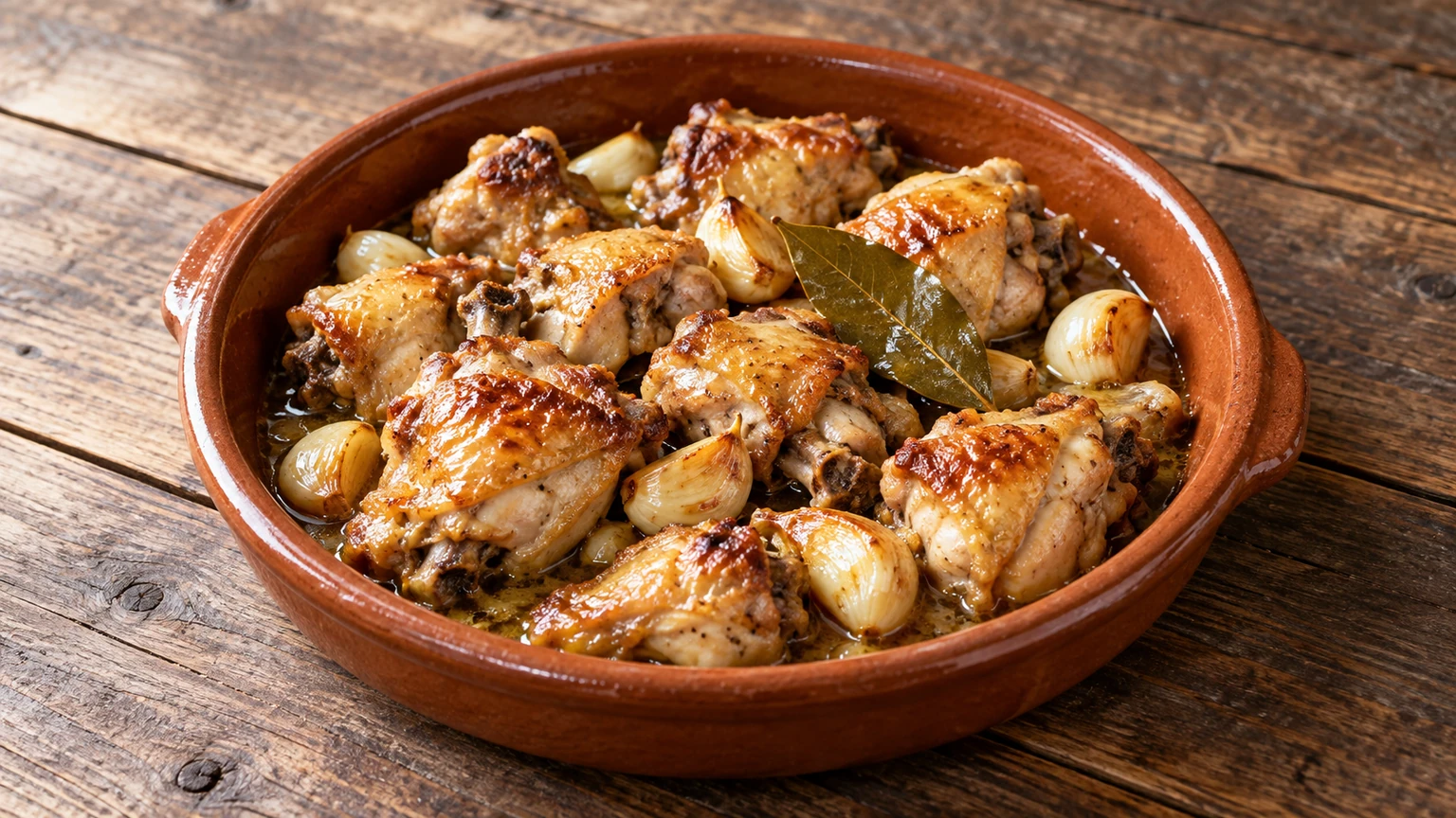 Trozos de pollo dorado con dientes de ajo y laurel en una cazuela de barro.