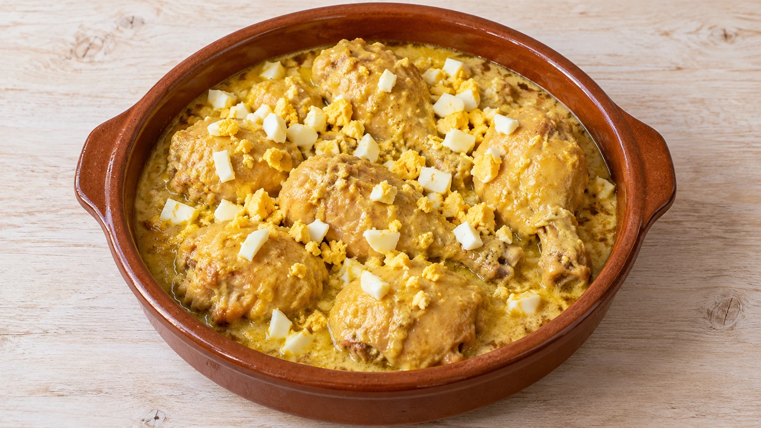 Pollo en salsa amarilla de almendras y azafrán con huevo cocido picado.