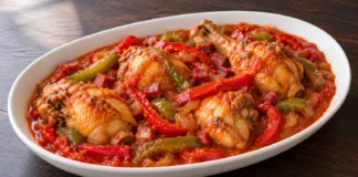 Pollo al chilindrón Pollo en salsa de tomate con tiras de pimiento rojo y verde y dados de jamón.