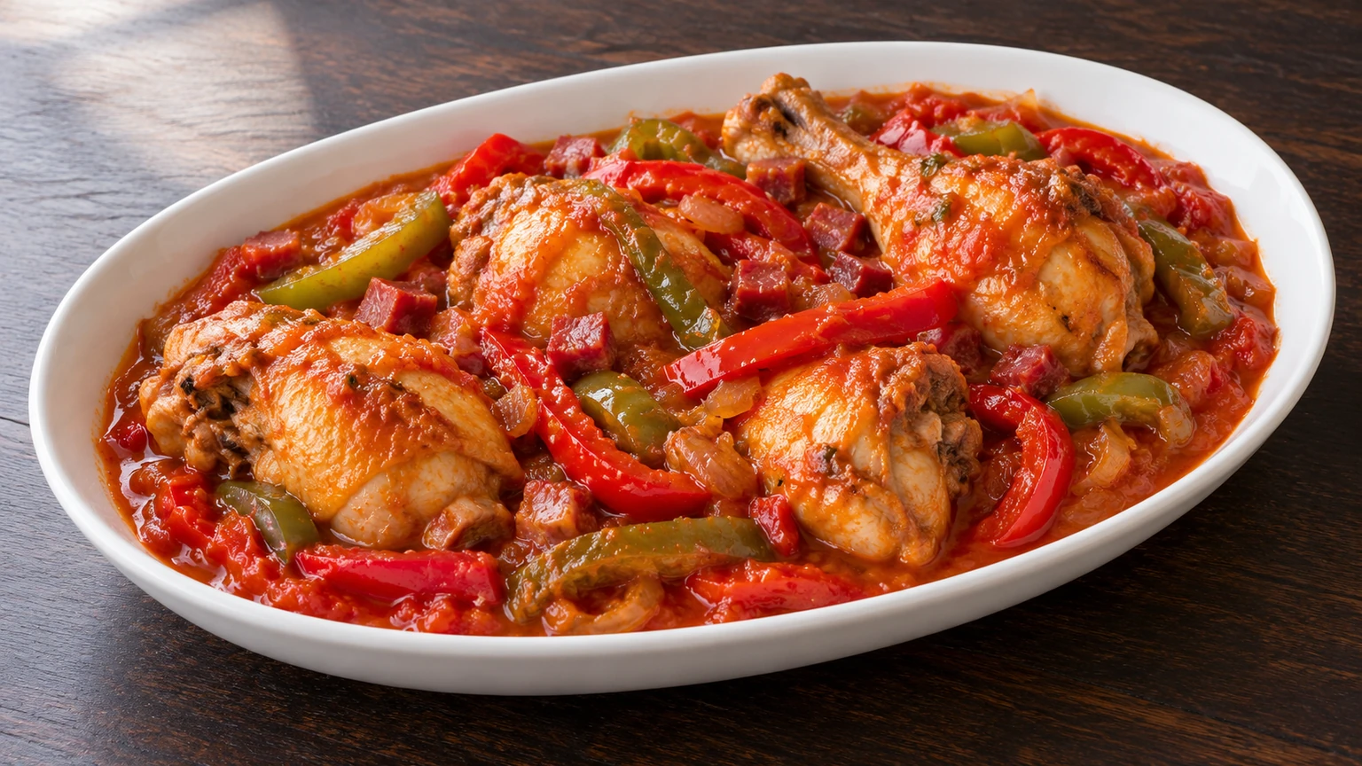 Pollo en salsa de tomate con tiras de pimiento rojo y verde y dados de jamón.