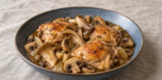 Pollo con setas Contramuslos de pollo con champiñones y setas de ostra en un plato azul gris.