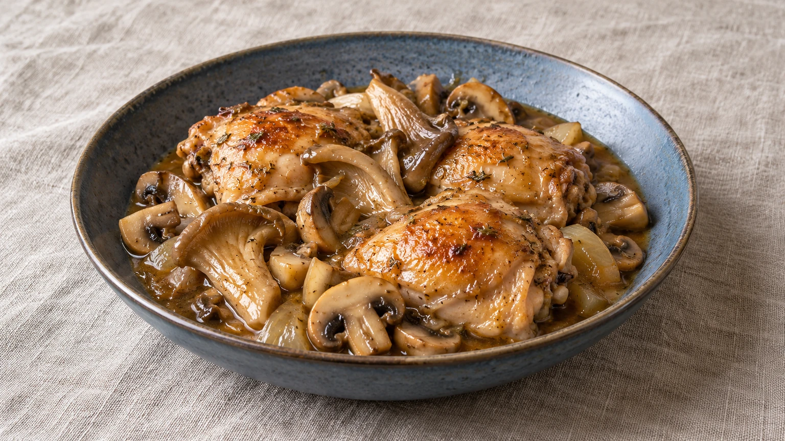 Contramuslos de pollo con champiñones y setas de ostra en un plato azul gris.