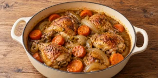 Pollo a la cerveza Pollo dorado con rodajas de zanahoria y cebolla en salsa ámbar.