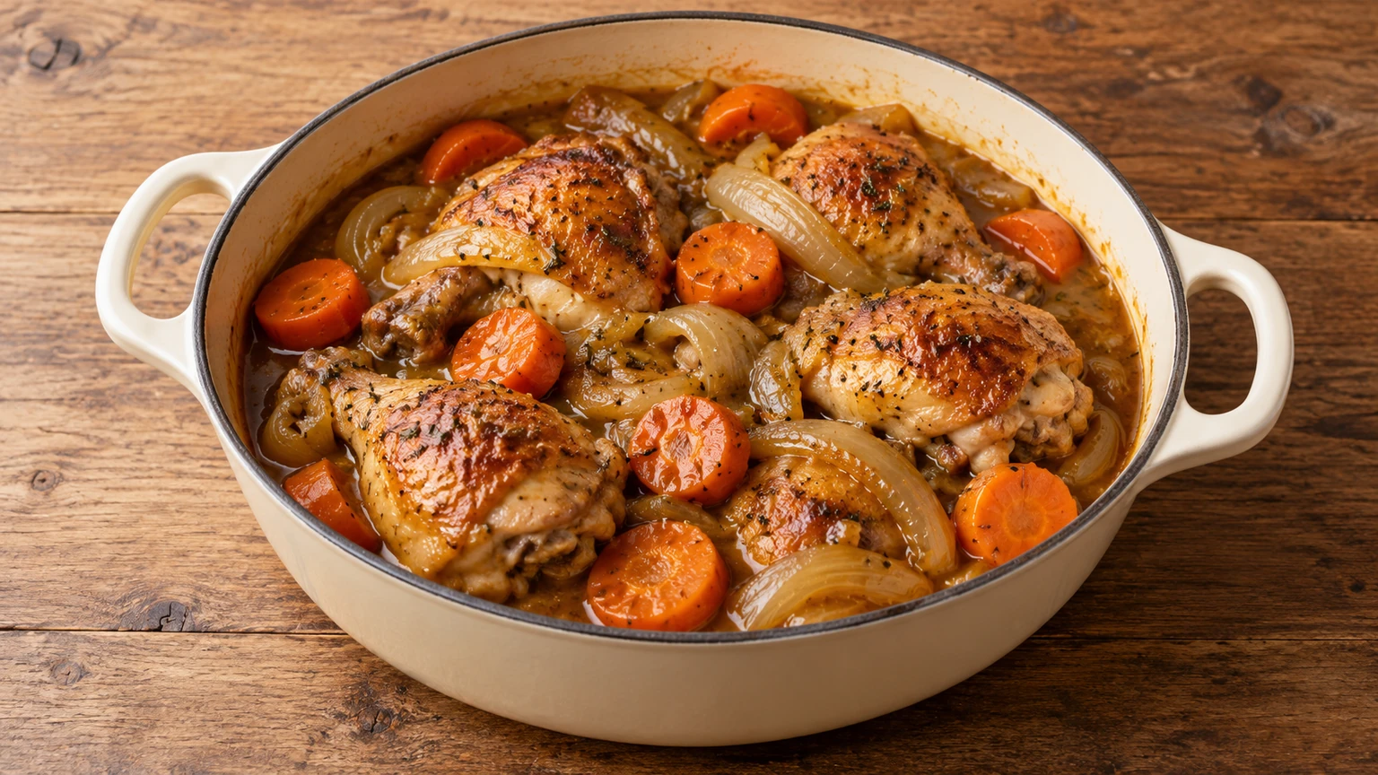 Pollo dorado con rodajas de zanahoria y cebolla en salsa ámbar.