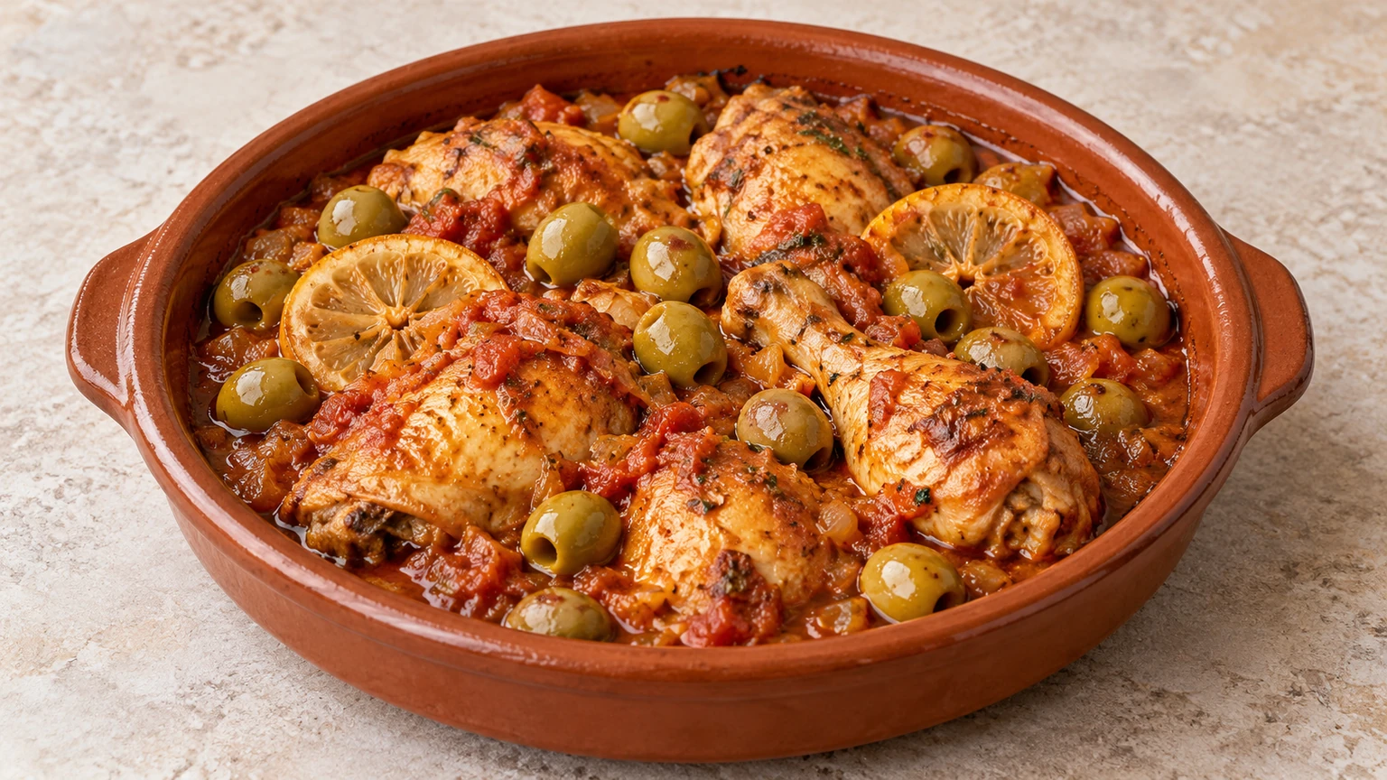 Pollo en salsa roja con aceitunas verdes y rodajas finas de limón.