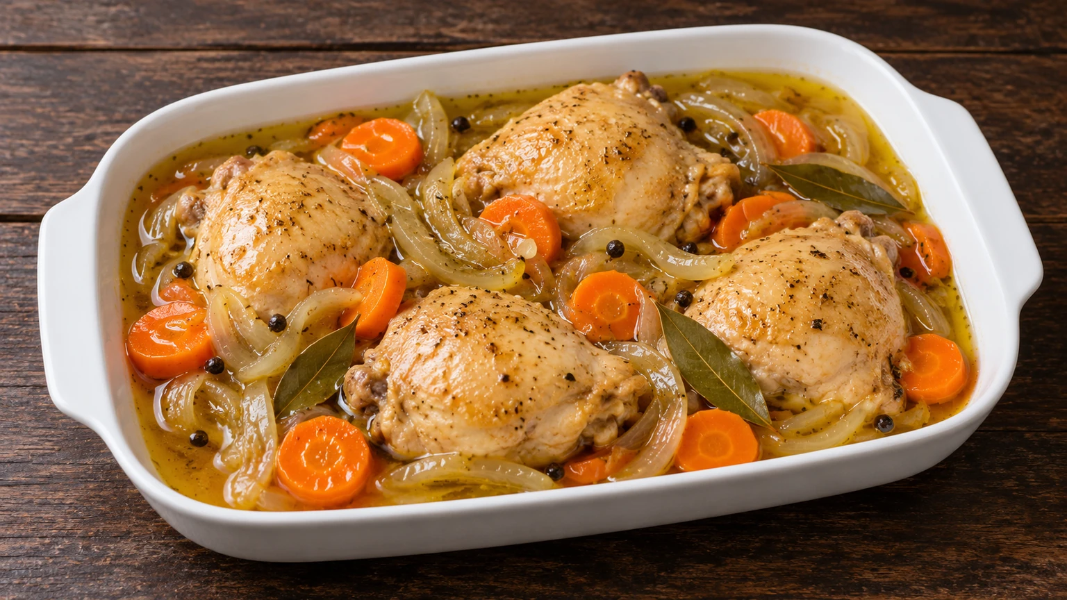 Piezas de pollo con zanahoria, cebolla, laurel y pimienta en escabeche.