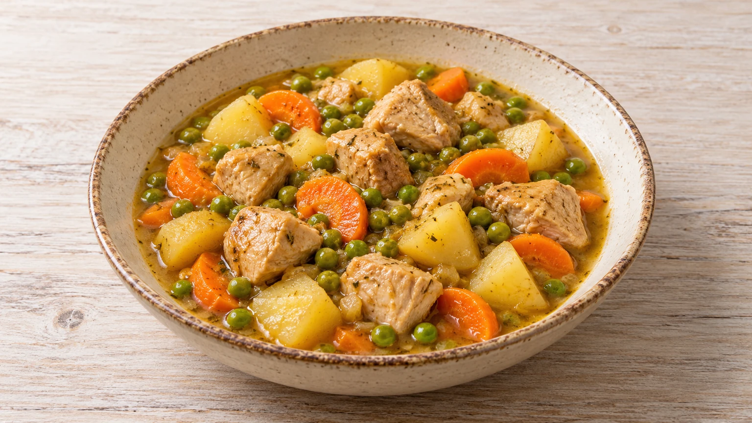 Dados de pavo con patata, zanahoria y guisantes en caldo corto.