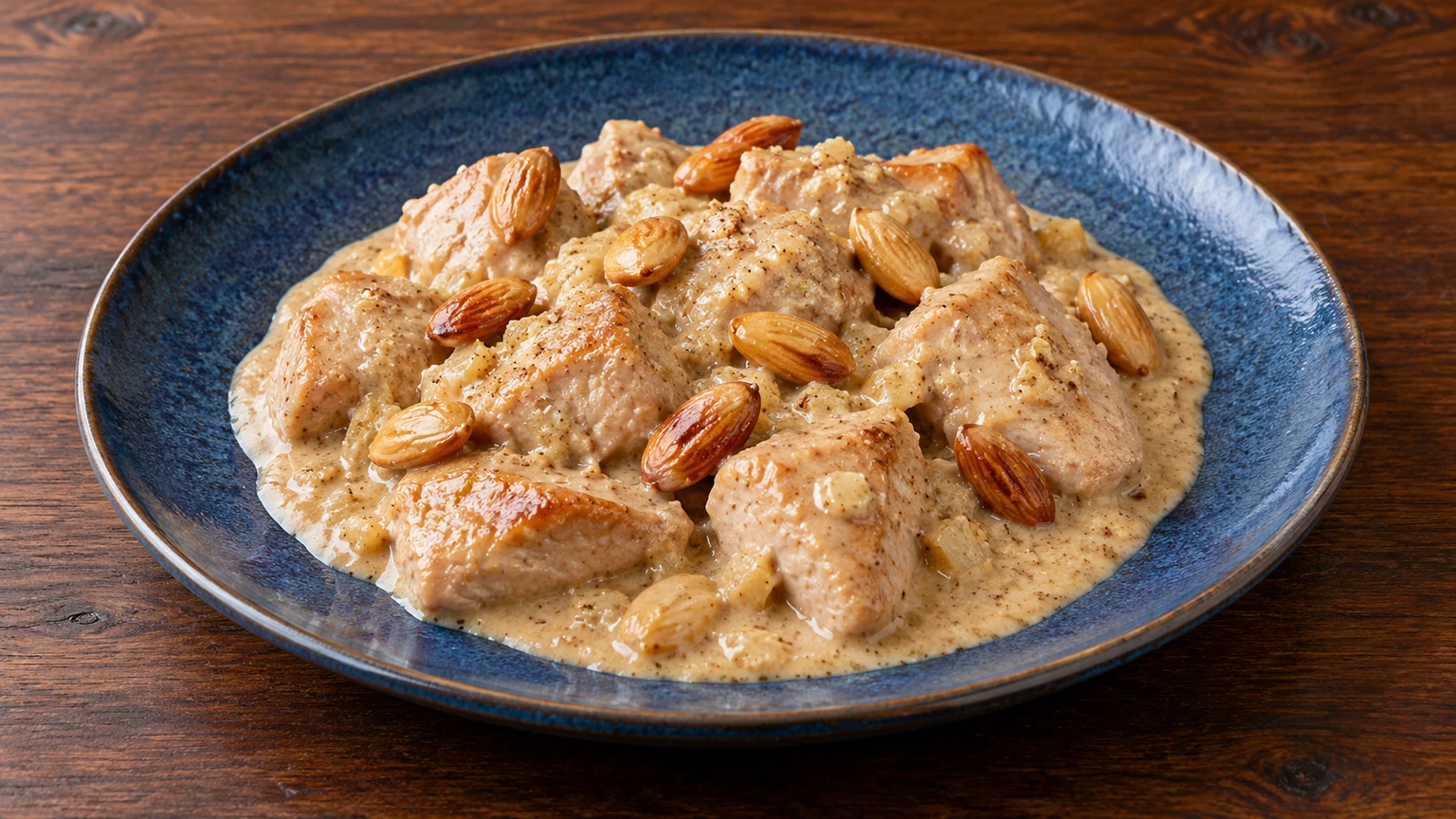 Dados de pavo cubiertos con salsa beige y almendras tostadas enteras.