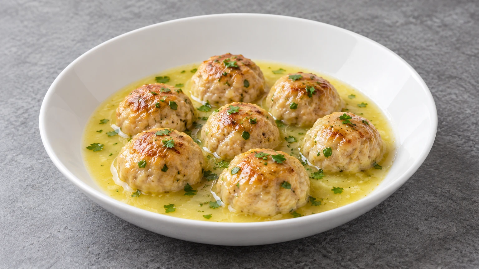 Albóndigas doradas con salsa clara de limón y perejil picado en plato blanco.
