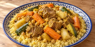 Cuscús marroquí de cordero Cuscús suelto con cordero guisado, garbanzos, zanahoria, nabo y calabacín en una fuente decorada.
