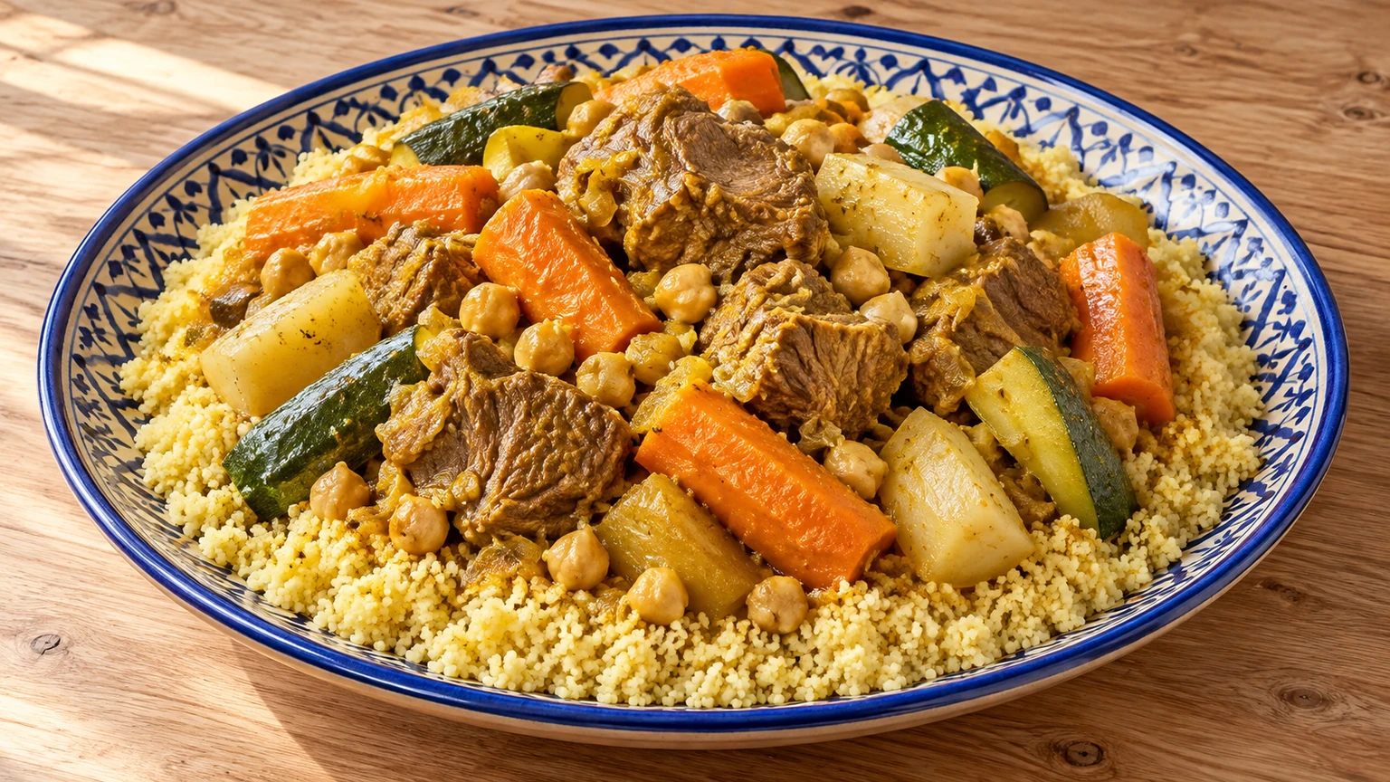 Cuscús suelto con cordero guisado, garbanzos, zanahoria, nabo y calabacín en una fuente decorada.