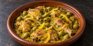 Tajín de pollo con limón Piezas de pollo con aceitunas verdes, tiras de limón en conserva y salsa dorada en una fuente de barro.