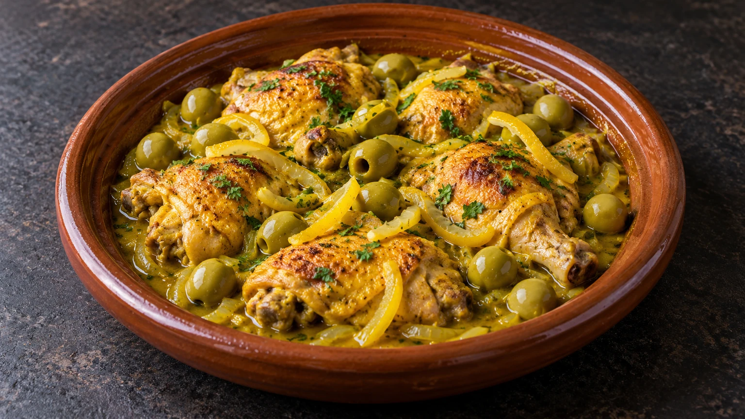 Piezas de pollo con aceitunas verdes, tiras de limón en conserva y salsa dorada en una fuente de barro.