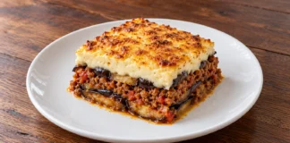 Musaka griega Porción de musaka con capas de berenjena, carne con tomate y bechamel dorada.