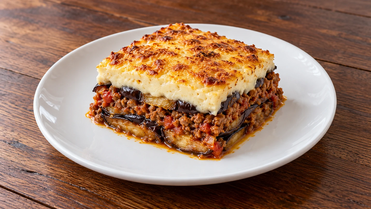 Porción de musaka con capas de berenjena, carne con tomate y bechamel dorada.