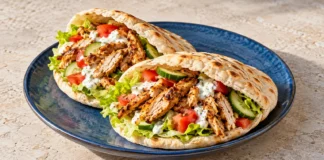 Shawarma de pollo casero Pitas rellenas de pollo especiado, tomate, pepino, lechuga y salsa de yogur.