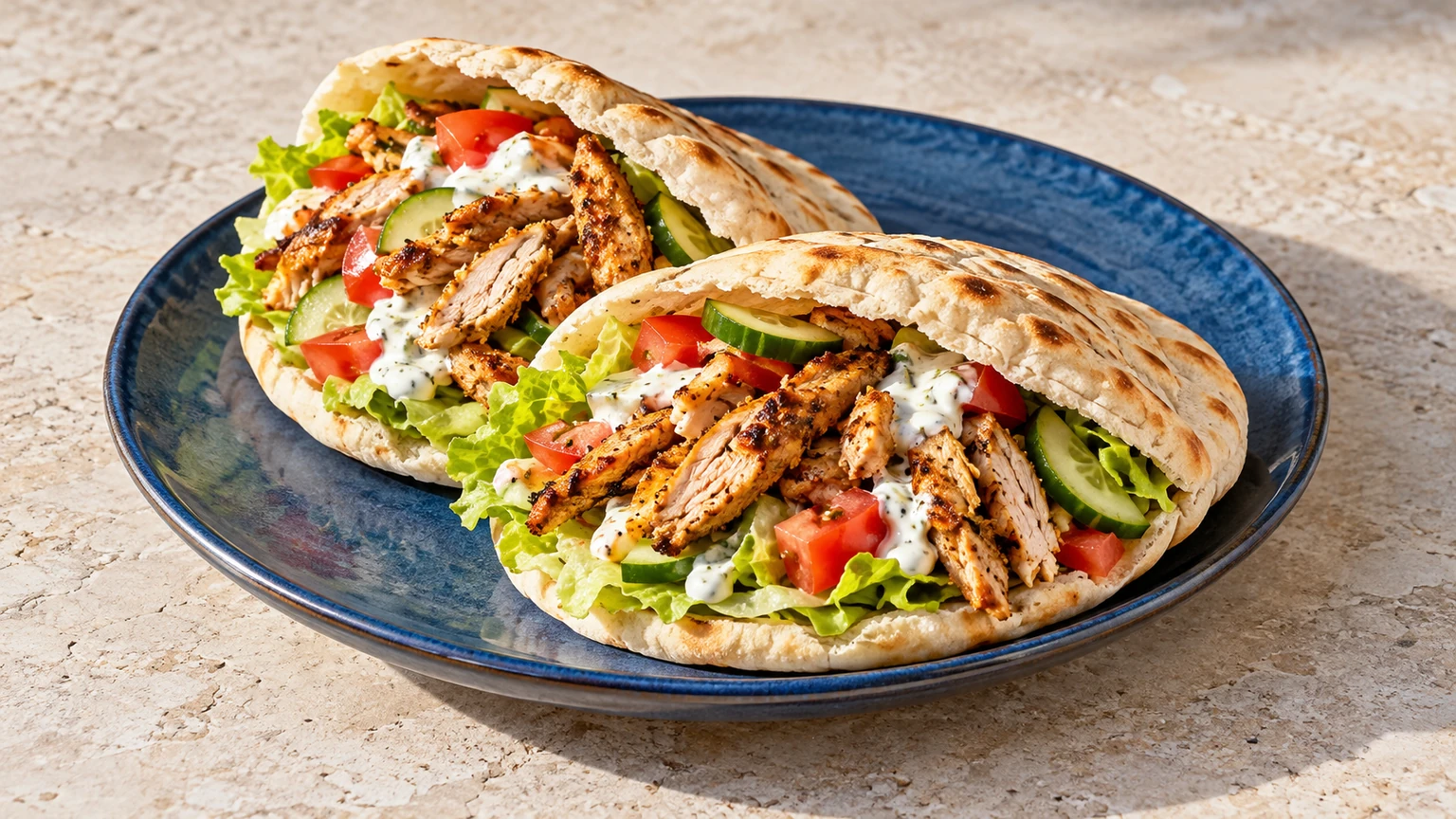 Pitas rellenas de pollo especiado, tomate, pepino, lechuga y salsa de yogur.