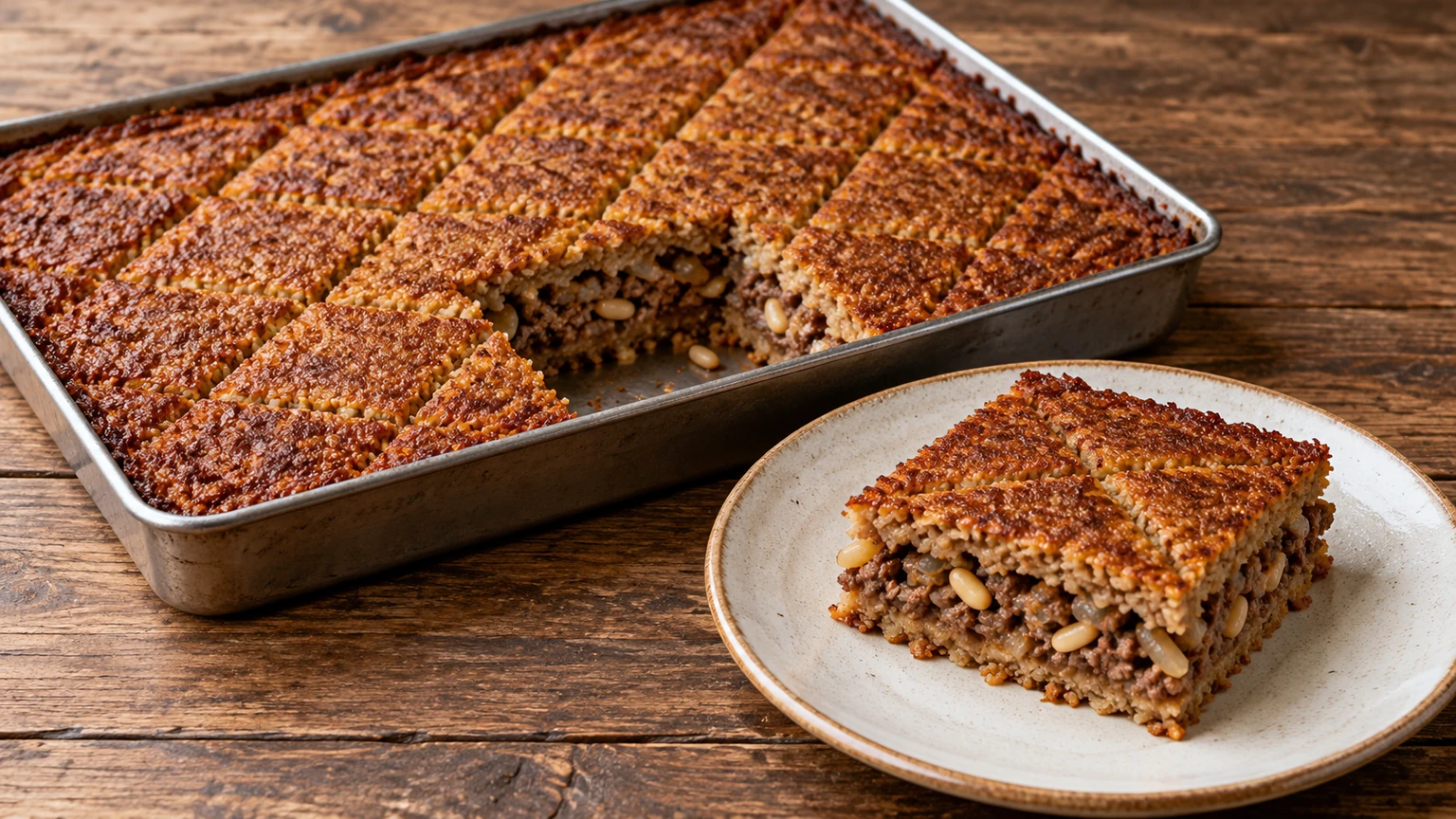 Pastel horneado de bulgur y carne con una porción cortada que muestra el relleno y los piñones.