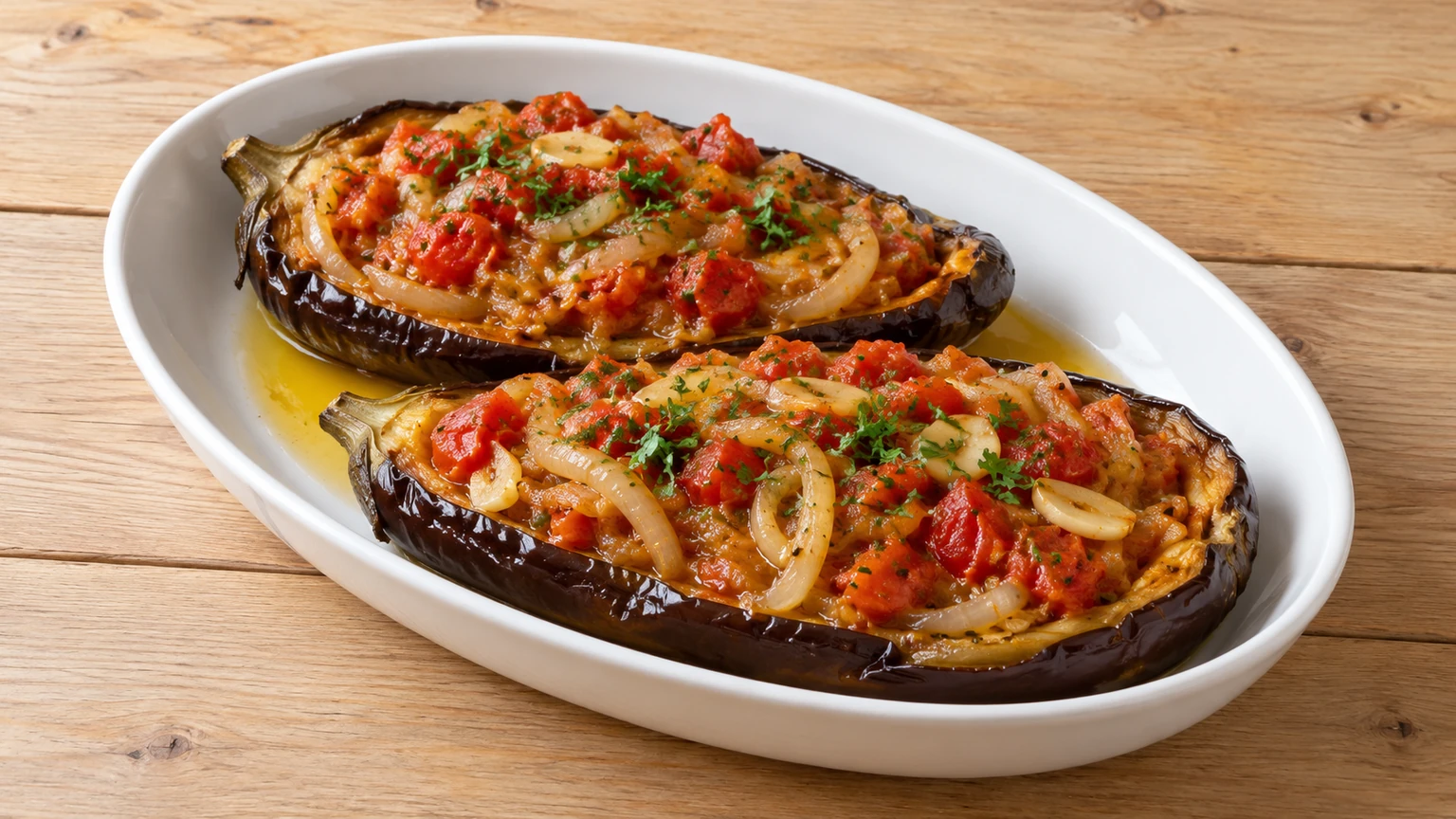 Medias berenjenas rellenas de tomate, cebolla y ajo con perejil en una fuente blanca.