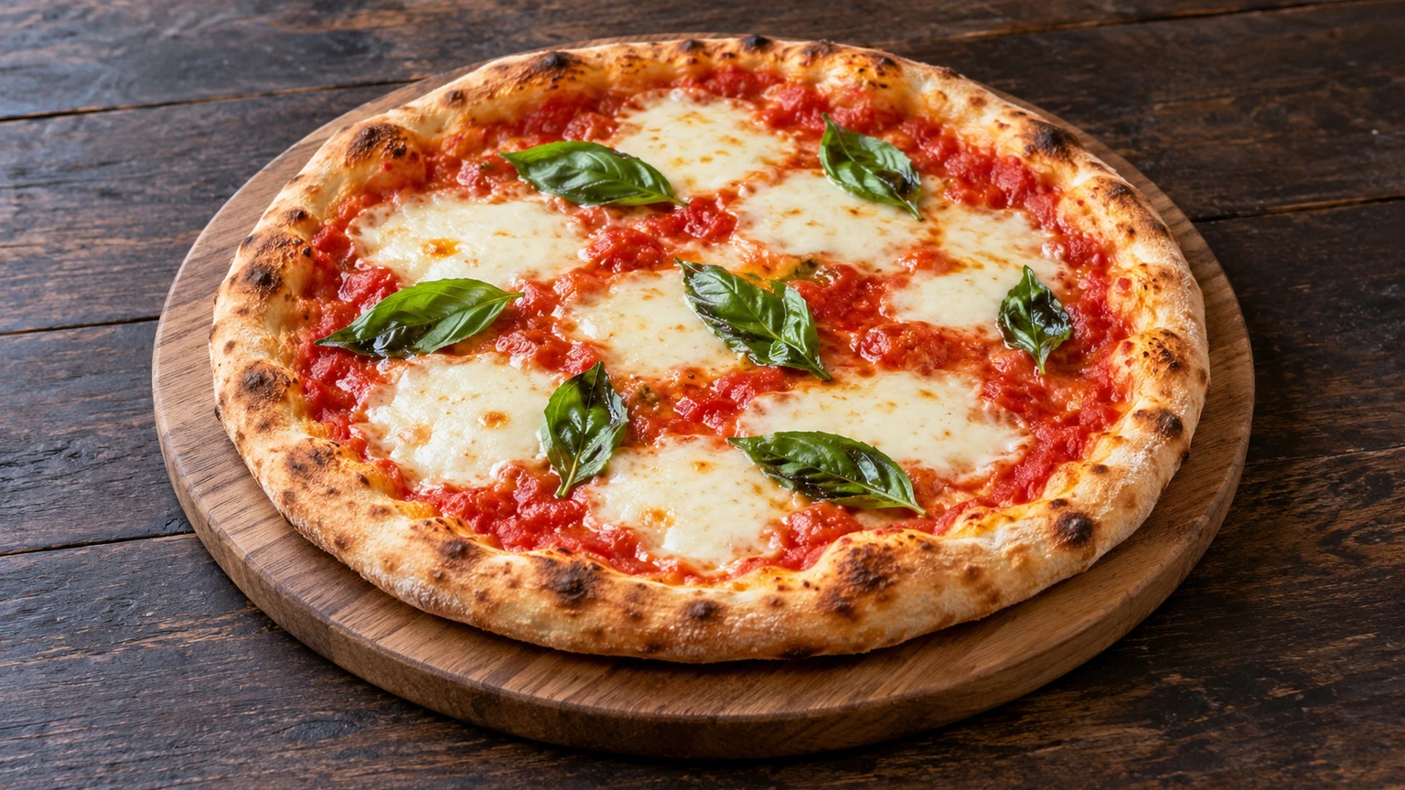 Pizza redonda con tomate, mozzarella fundida y hojas de albahaca sobre una tabla.