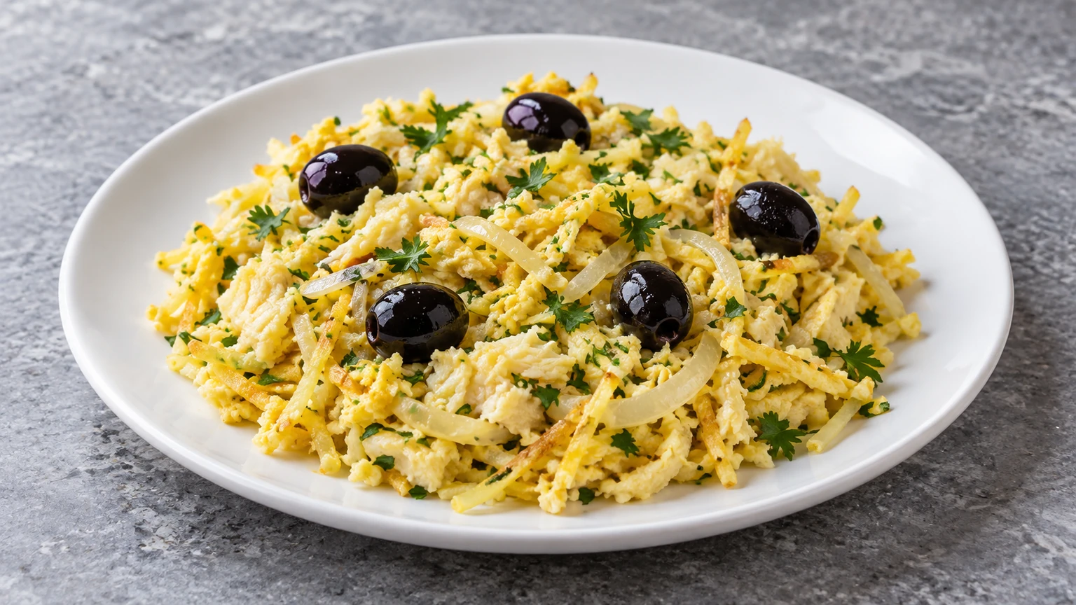 Revuelto de bacalao, patatas paja y huevo con perejil y aceitunas negras en un plato blanco.