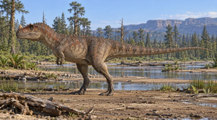 Ceratosaurus: anatomía y vida de un cazador jurásico Ceratosaurus de perfil junto a un cauce con coníferas y helechos.