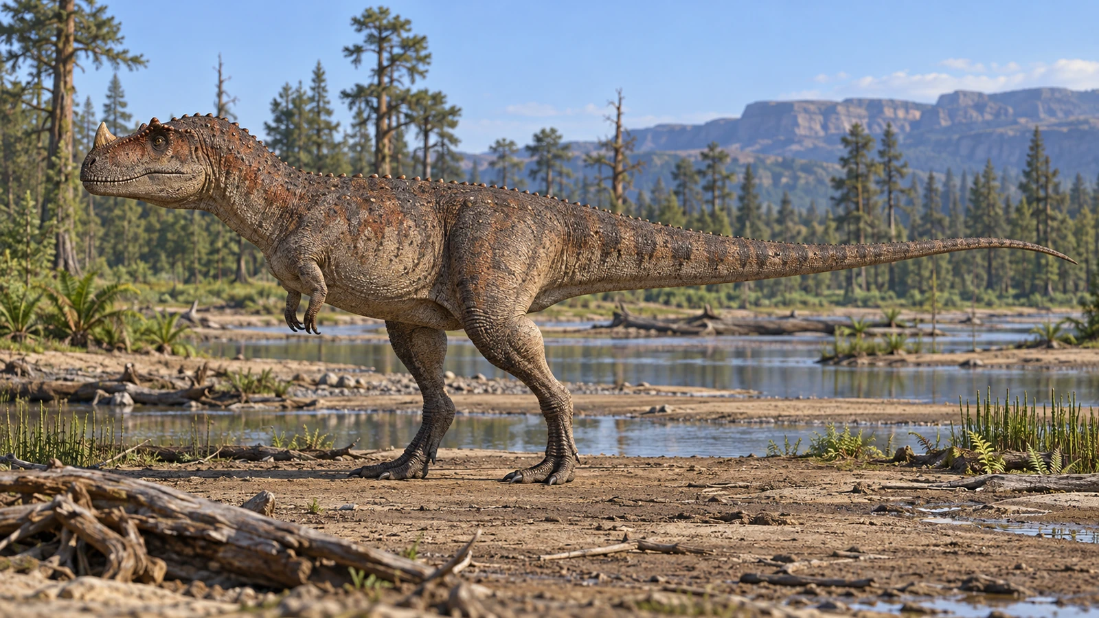 Ceratosaurus de perfil junto a un cauce con coníferas y helechos.