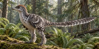 Los primeros dinosaurios con plumas: el contexto jurásico Pequeño Anchiornis emplumado sobre un tronco en un bosque de coníferas y helechos.