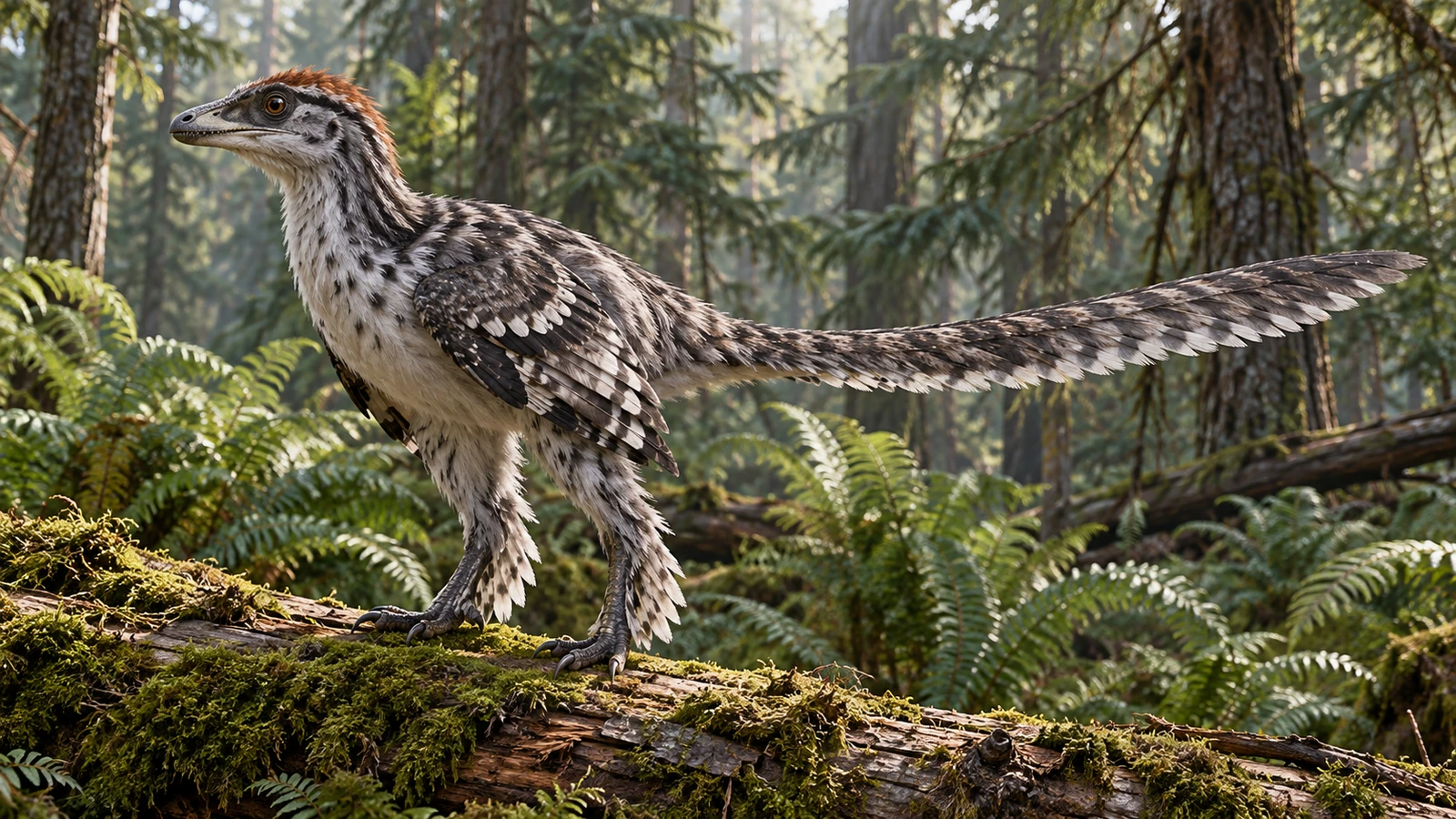 Pequeño Anchiornis emplumado sobre un tronco en un bosque de coníferas y helechos.