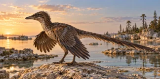 Archaeopteryx: un ave temprana en el mundo jurásico Archaeopteryx con alas parcialmente extendidas sobre una roca junto a una laguna.