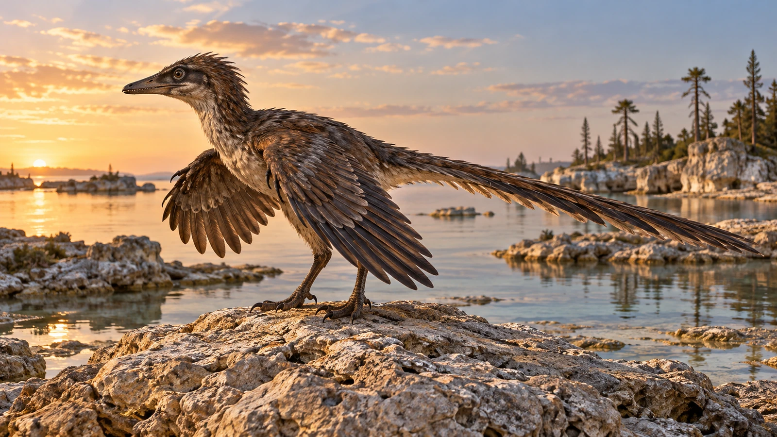 Archaeopteryx con alas parcialmente extendidas sobre una roca junto a una laguna.