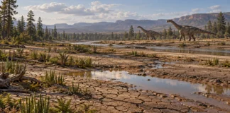 Dinosaurios y cambios ambientales en el jurásico tardío Llanura con barro agrietado, un cauce reducido y dos saurópodos al fondo.